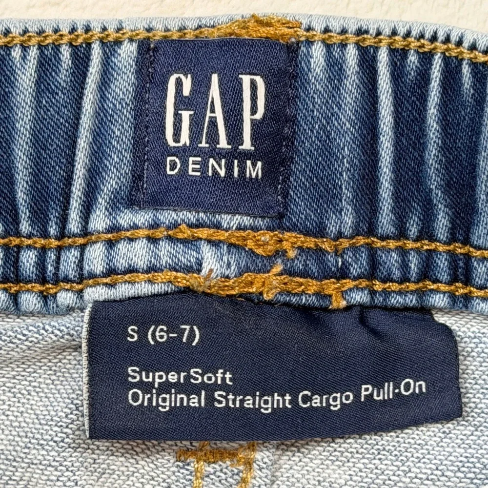 Gap‎ Cargo Jeans Boys S 6-7 Light Wash Good SuperSoft Straight Pull On 519558-00